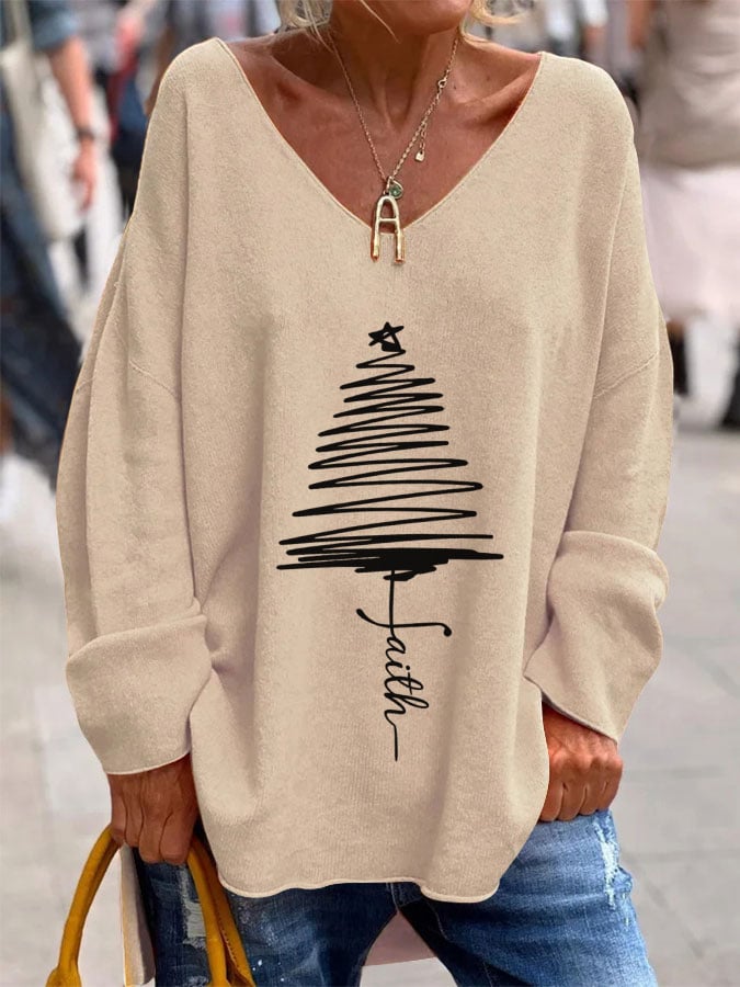 Women's Christmas tree faith French cashmere V-neck top