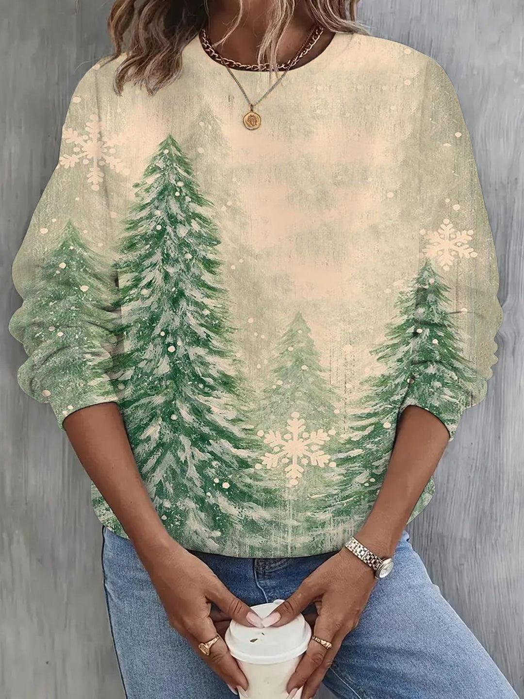 VINTAGE CHRISTMAS TREE PRINT LONG SLEEVE CASUAL TOP