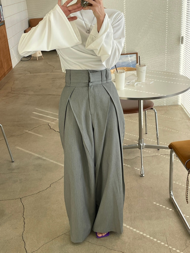Daily Elegant Pleats Women's High Waist Wide Leg Trousers