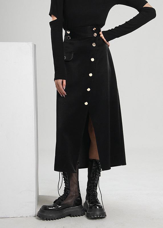 Plus Size Black Asymmetrical Button Corduroy Skirt Spring